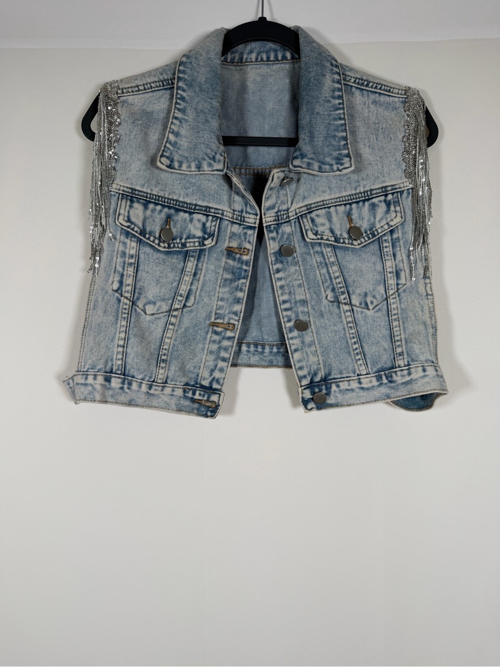 Cropped Light Wash Denim Vest with Silver Sequin Fringe - Festival,‎ Rave